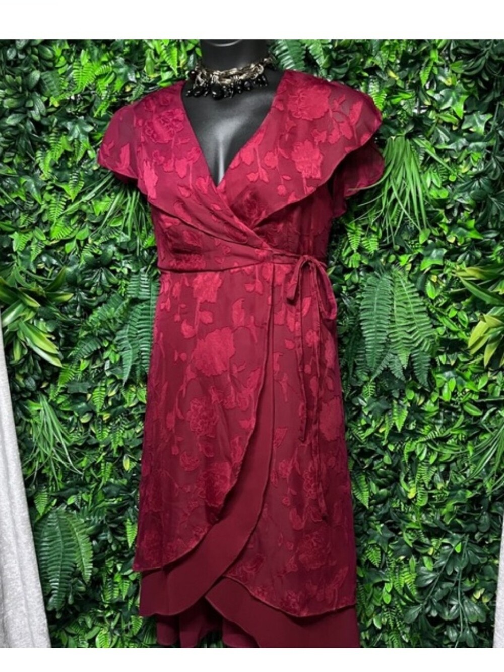 Torrid Dress 12 Burgundy Burnout Floral Wrap Midi Ruffle Flutter Sleeve 3977